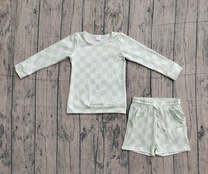 GLS0086 RTS Conjunto de verano para niña pequeña con estampado a cuadros verdes, ropa infantil al por mayor, conjunto de manga corta para niña. - Product Image 1