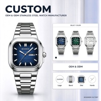 Montre à quartz carrée de luxe pour hommes en acier inoxydable avec cadran en verre minéral, étanche, logo et boîte personnalisés