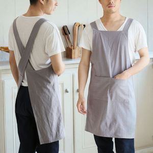 Japanese Style Soft Cotton <b>Linen</b> Cross Back Bib Durable Waist <b>Pinafore</b> <b>Dress</b> with Pockets Non-Tie Design for Christmas - Product Image 2