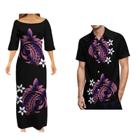 Robes Puletasi tendance pour femme et chemises Aloha pour homme, motif tribal bleu polynésien, ensemble couple, inspiré de l'art des îles du Pacifique - Vente chaude