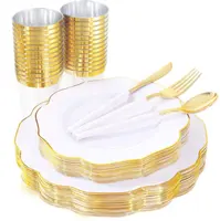 White and Gold Plastic Plates with Bamboo Design