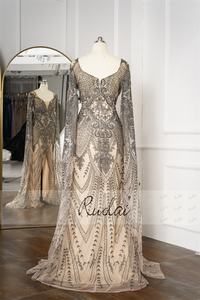 Ruolai LWC8090 गर्म शैली लंबे समय भड़क आस्तीन वि गर्दन शाम पोशाक Beading स्प्लिट क्रिस्टल प्रोम कपड़े - Product Image 2