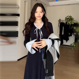 Petite Women Elegant Long Sleeve Dress Navy Blue <b>Tie</b> <b>Neck</b> Contrast Color Block Waist Cinching Daily Casual Dress - Product Image 2