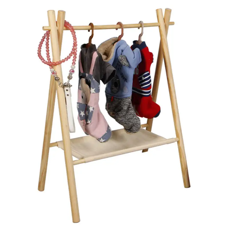 Wholesale Solid Wood Clothes Organizer Children Dolls Pets Coat Rack Wooden Dress Up Storage Vertical Hanger Double Wardrobe