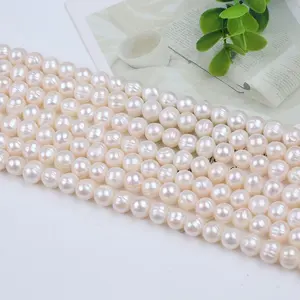 9-10mm perle d'eau douce blanche naturelle forme de pomme de terre perles authentiques brins vente en gros