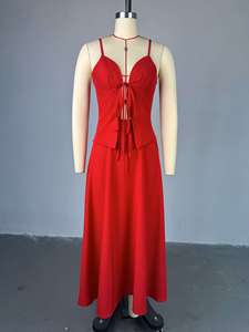 ضرب حزام السباغيتي الأحمر جعل الأشرطة أزياء جريئة أنيقة الخصر الصيف عارية الظهر فساتين طويلة عارضة - Product Image 3