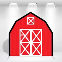 Soporte de telón de fondo de tela tensada de 7x7 pies con marco de aluminio, diseño de casa de granja personalizada, para decoración de entrada de cabina de fotos en fiestas de cumpleaños con temática de granja y oeste.