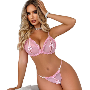 ชุดชั้นในเซ็กซี่แบบโปร่งใส 2 ชิ้นสำหรับผู้หญิง - ชุดบราตาข่ายโปร่งใส พร้อมกางเกงในแบบผูกโบว์  ชุดบอดี้สูทปักลาย  เป็นมิตรกับสิ่งแวดล้อม รับผลิตแบบ OEM ODM - Product Image 1