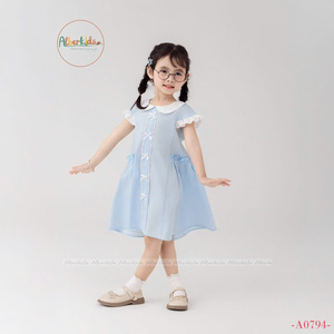 Vestido de niña con lazo en el pecho Vestido de princesa informal para niña nueva Ropa de boutique para niños Manga corta de verano - Product Image 4