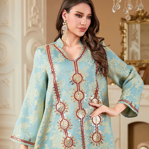 R-396 nuovo elegante vestito musulmano Eid da donna ricamo a mano di lusso Abaya colletto alto Jalabiya abito da festa lungo arabo interno - Product Image 1