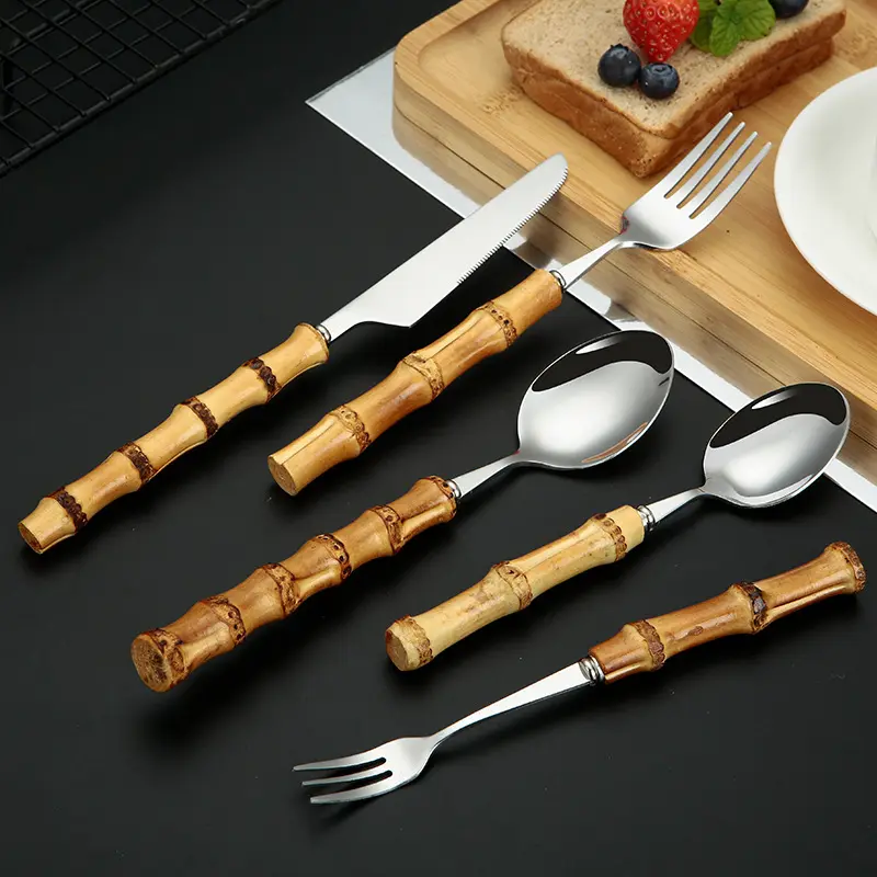 Grosir sendok dan garpu Stainless Steel, alat makan Stainless Steel 304 gagang bambu