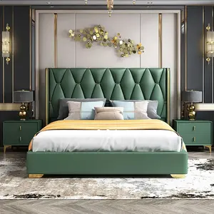 Europäische moderne Schlafzimmer möbel Queen-Size-Leder gepolstertes Plattform bett Grünes Bett mit niedrigem Profil und Holz latten
