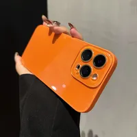 Coque de téléphone couleur unie brillante orange pour iPhone 17 16 15 14 Plus 13 Pro Max avec dos en verre trempé rigide