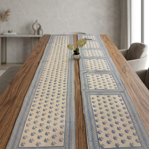 Juego de Camino de Mesa y Tapete Clásico Azul con Diseño de Plantas |   7 Piezas de Tela 100% Algodón Canvas Tejida a Mano para Uso Doméstico y de Comedor - Product Image 3