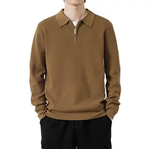 Kaus POLO rajut pria, 100% katun waffle musim gugur/musim dingin ritsleting retro kerah sweater 1/4 ritsleting lengan panjang leher polo
