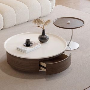 Italian Minimalist Round Coffee <b>Table</b> Set <b>Walnut</b> Wood Veneer Artistic Vintage Style Light Luxury Designer Living Room Home - Product Image 2