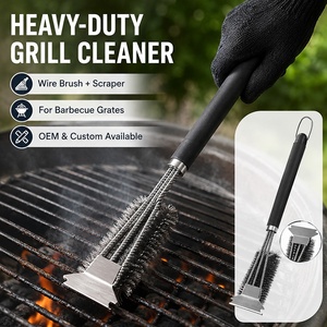 Brosse métallique de nettoyage robuste pour grilles de barbecue avec grattoir et long manche – Outil de nettoyage en acier inoxydable - Product Image 2