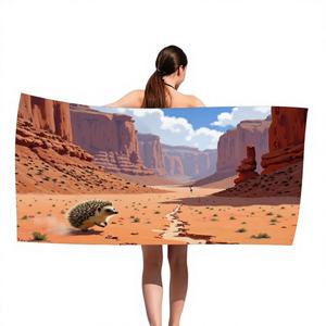 Serviette de plage Trebalena 30*60 pouces ultra-douce à impression numérique 3D motif animal, design personnalisé, thème Aventure dans le désert, hérisson, canyon - Product Image 1