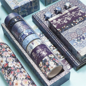 เทปวาชิลายดอกไม้สีน้ำเงินเข้ม 4 เมตร สำหรับตกแต่งสมุดบันทึก อุปกรณ์งานฝีมือ สไตล์เรโทร - Product Image 1