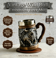 Chope à Bière Vintage Taureau Sauvage Relief MAA104 Acier Inoxydable Résine Tankard Retro pour Fête Pub Cadeau