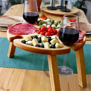 Wooden outdoor folding picnic table portable 2 in 1 wine glass holder and fruit divider cutlery suitable for garden, travel