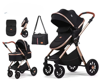 Poussette de luxe portable et pliable 3-en-1, chariot multifonction en tissu avec grand panier de rangement pour nouveau-né jusqu'à 3 ans