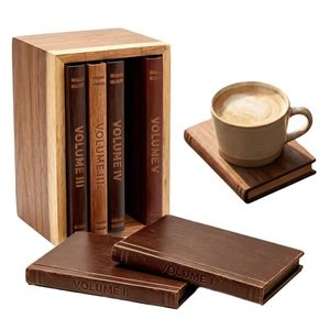 Posavasos de madera con forma de libro, diseño vintage rectangular, alfombrillas aislantes del calor para decoración de mesa de café y té - Product Image 1