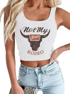 <strong>Women</strong> Western Cowgirl Ribbed Crop Tank <strong>Top</strong> Vintage Rodeo Cowboy Print Sleeveless Square Neck Cropped <strong>Vest</strong> T Shirts Wholesale - Product Image 4