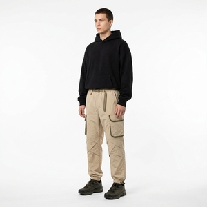 Pantalones Cargo Beige para Hombre, Cintura Elástica, Múltiples Bolsillos, Estilo Workwear, Lona de Peso Medio, Pantalones Casuales de Otoño, Nueva Calidad en Venta - Product Image 1