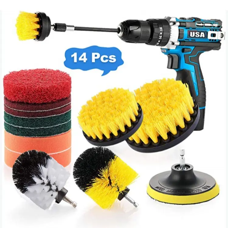 Hot Sales 14 PCS Car Cleaning Brush Set Drill Electric Cleaning Brush Head Set Car Wheel Floor Cleaning