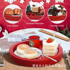 <b>Christmas</b> Decorative Tray Round Red With Snowman And <b>Tree</b> Design For Holiday <b>Table</b> Setting - Product Image 2