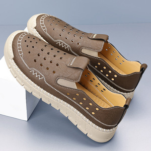 Men's Casual Hollow-Out Slip-On Loafers Soft Leather Breathable <b>Closed</b>-<b>Toe</b> Dad Shoes Walking Style Shoes - Product Image 3