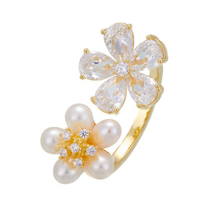 Freshwater Pearl Flower Open Ring Women's Party Jewelry Prong Setting Index Finger Ring Light Luxury Style - Product Image 3