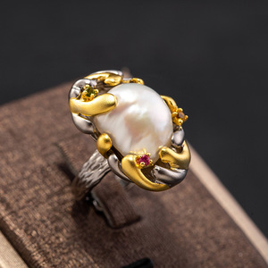 <span class=keywords><strong>El</strong></span> trabajo artesanal italiano 18K chapado en oro de Plata de Ley 925 hecho a mano grande Natural barroca, Perla anillo - Product Image 2