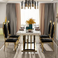 Ensemble de table à manger de luxe au design moderne, de qualité supérieure, avec base rectangulaire en acier inoxydable et plateau en marbre