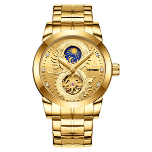 Montres-bracelets pour hommes de luxe, étanches, en acier inoxydable, à quartz, avec phases lunaires, dorées, avec dragon 3D - Product Image 3