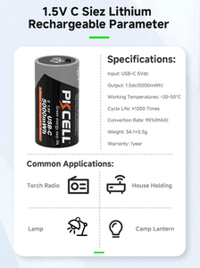 Bateria Cilíndrica Recarregável de Lítio PKCELL 1.5v Tipo-C com Indicador de Carregamento LED para Jogos e Uso em Alto-falantes - Product Image 2