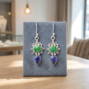 Amazing 925 Sterling Silver Drop Earrings with Kashmiri Emerald Sapphire Cute Design for Wedding Party & Gift - Product Image 2