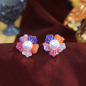 Orecchini a Perno Multicolore con Zirconi Cubici, Orecchini a Fiore con Perla per Donna, <span class=keywords><strong>Gioielli</strong></span> da Festa Placcati in Oro Rosa - Product Image 1