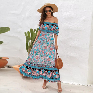 Robe longue décontractée bohème à manches courtes bouffantes et épaules dénudées à motif floral pour femme et fille – Collection été – Grande Vente - Product Image 3