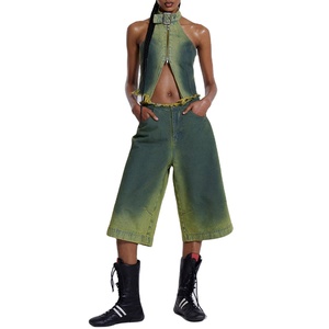 Top da donna alla moda con fibbia in stile Y2K da donna con chiusura a Zip in <span class=keywords><strong>Denim</strong></span> con orlo sfilacciato grezzo - Product Image 3