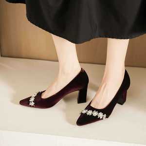 Pointed Toe Pumps Black Velvet <b>Block</b> Heel Medium Height Flower Embellished Formal Shoes 7188-15 - Product Image 4