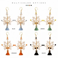 Anting-anting Rumbai Mutiara Kuningan Lapis Emas 18K, Rangkaian Mutiara Berbentuk Nasi, Pengait Ikan, Biru Hijau Oranye Hitam, Perhiasan Boho Wanita