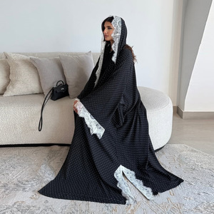 Lace Trimmed Black and Open <strong>Abaya</strong> Polka Dot Design with <strong>Unique</strong> White Lace Trim on Sleeves Modest Muslim <strong>Abaya</strong> 2026 - Product Image 6
