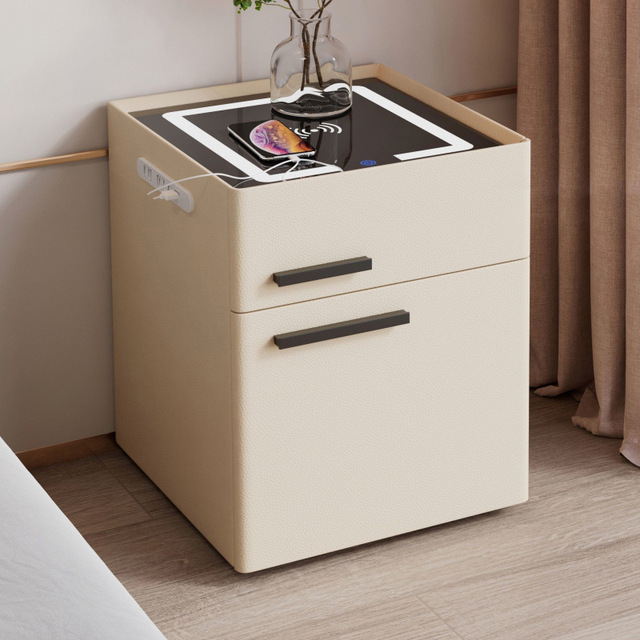 Luxury Wooden Smart Nightstand Integrated Safe Cabinet LED Lighting Wireless Charging-Eco-Friendly Durable Design for Home