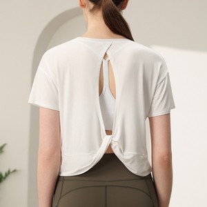 T-shirt de <span class=keywords><strong>sport</strong></span> Aoyema pour <span class=keywords><strong>femme</strong></span>, dos croisé, col rond, coupe ample, décontracté, pour la course et l'entraînement estival - Product Image 3