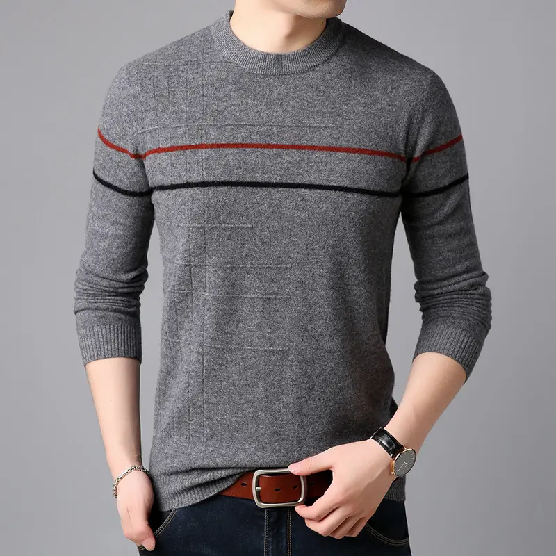 Мужской пуловер, свитер, Зимний вязаный пуловер в полоску, свитер с круглым вырезом и длинным рукавом