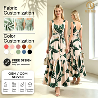 Fabricant de vêtements pour femmes depuis 19 ans, vente en gros Europe et Amérique, nouvelle robe longue bohème à imprimé, taille plissée, style swing pour femmes