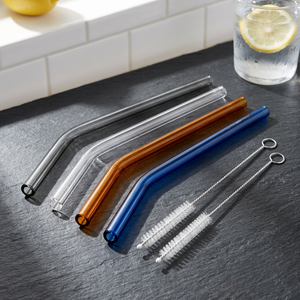 P012-00-00-A Ensemble de pailles à boire en verre borosilicate avec brosse de nettoyage, pailles en verre courbées réutilisables, colorées et transparentes - Product Image 1