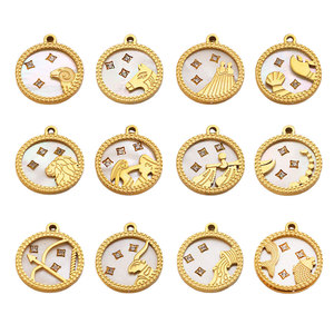 Colgante redondo de acero inoxidable chapado en oro con 12 signos del zodiaco, con detalles de nácar y diamantes, para collar, pulsera, bricolaje. - Product Image 5